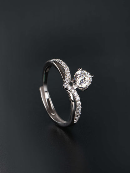 silver crown chevron ring with 0.5ct round moissanite solitaire stone