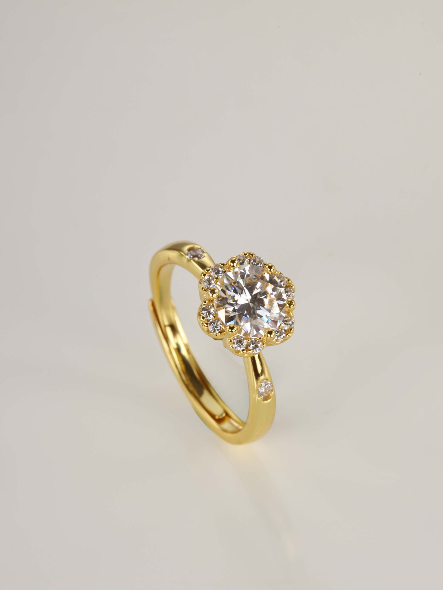 The romantic 1-carat floral halo ring displayed beautifully next to its signature luxury gift box and protective microfibre pouch.