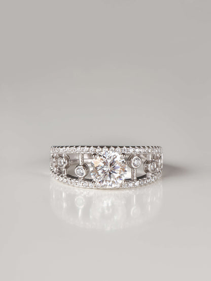 Wide Art Deco style 925 sterling silver filigree ring with round brilliant cut center moissanite stone