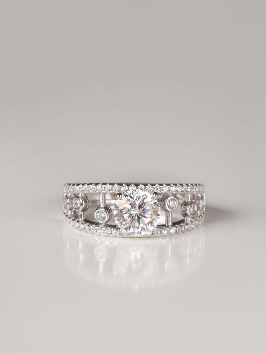 Wide Art Deco style 925 sterling silver filigree ring with round brilliant cut center moissanite stone