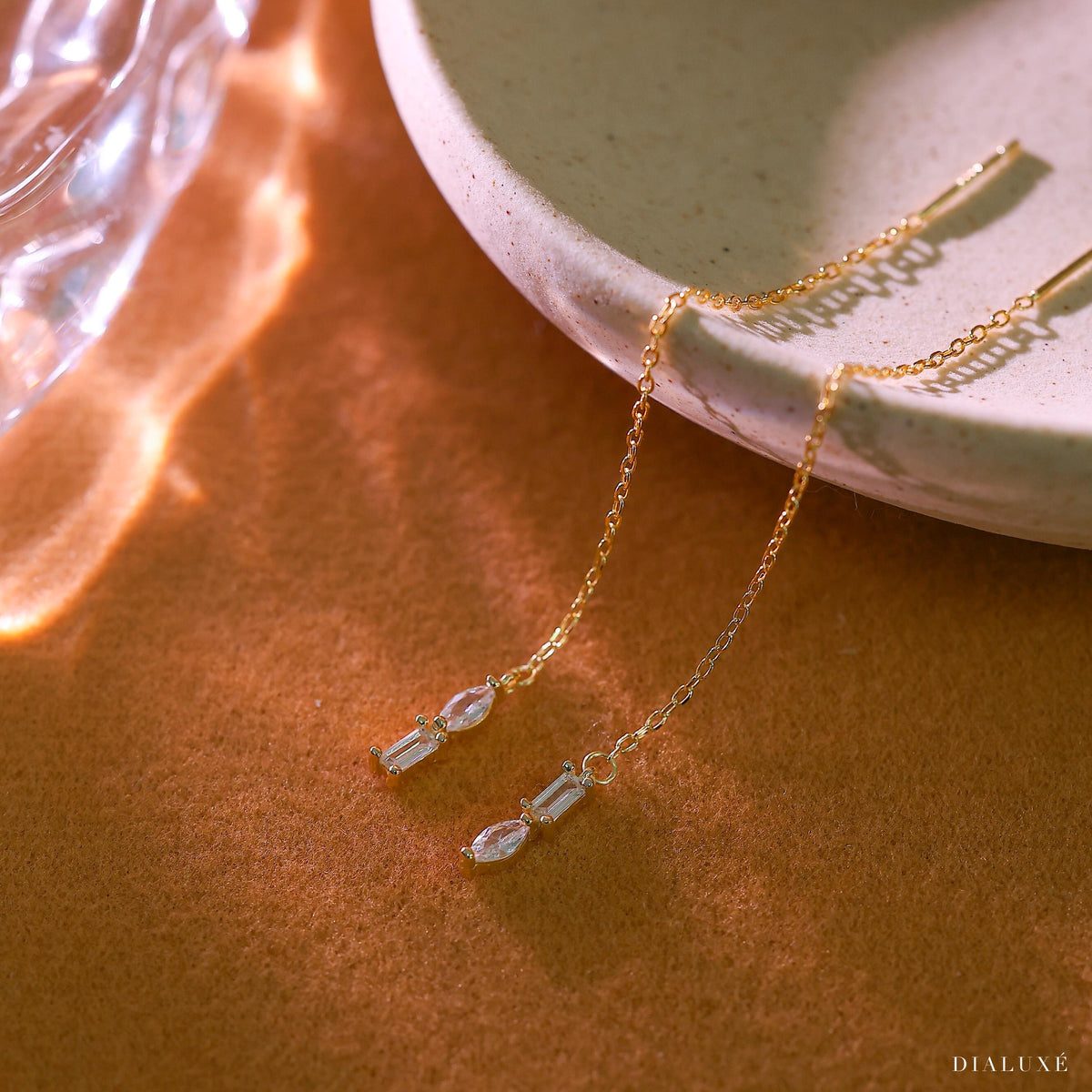 Gold Threader Earrings: Sterling Silver Dangle Chain, CZ Diamond