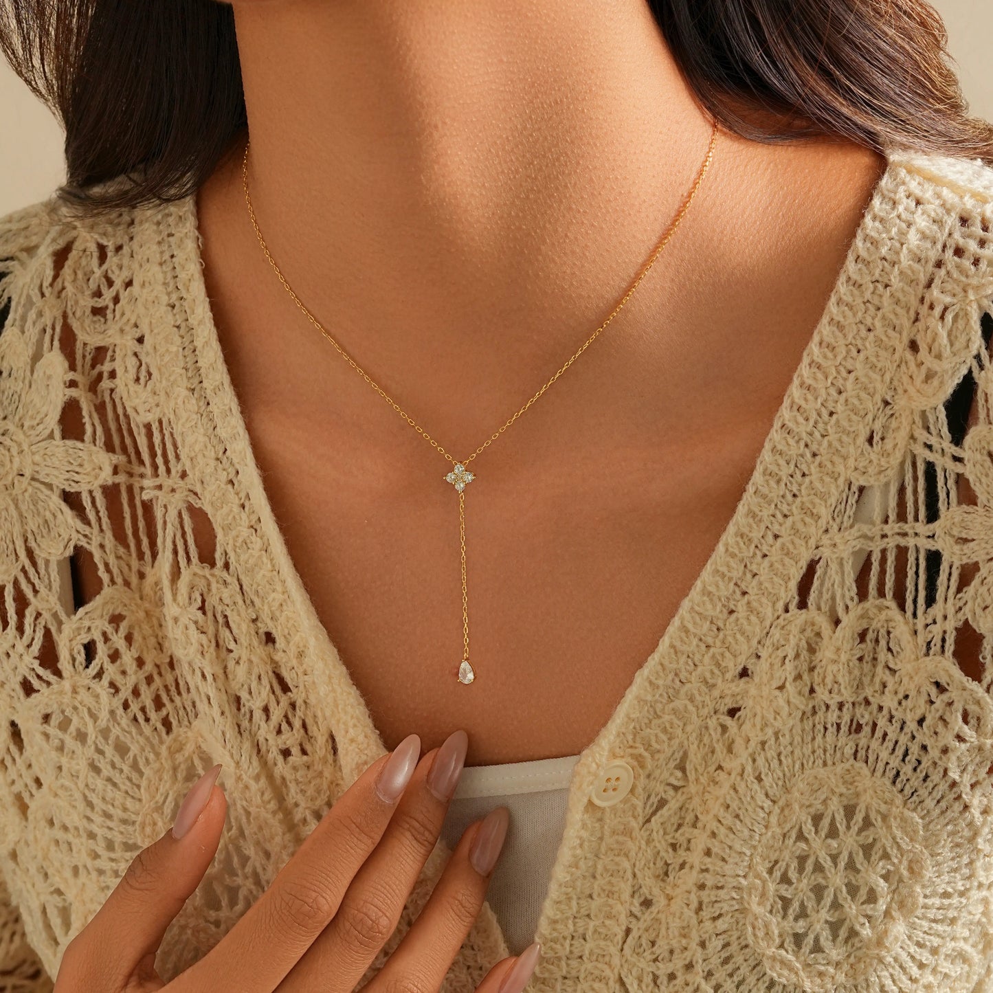 Diamond Flower Y-Lariat Necklace in 14K Gold Plated Silver – Drop Chain