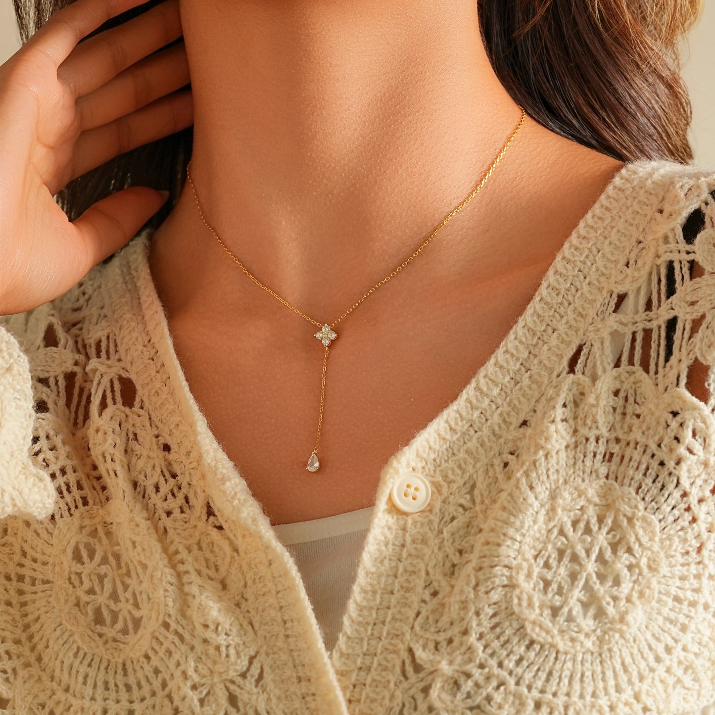 Diamond Flower Y-Lariat Necklace in 14K Gold Plated Silver – Drop Chain