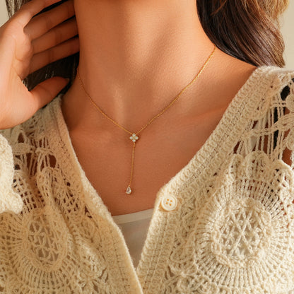 Diamond Flower Y-Lariat Necklace in 14K Gold Plated Silver – Drop Chain