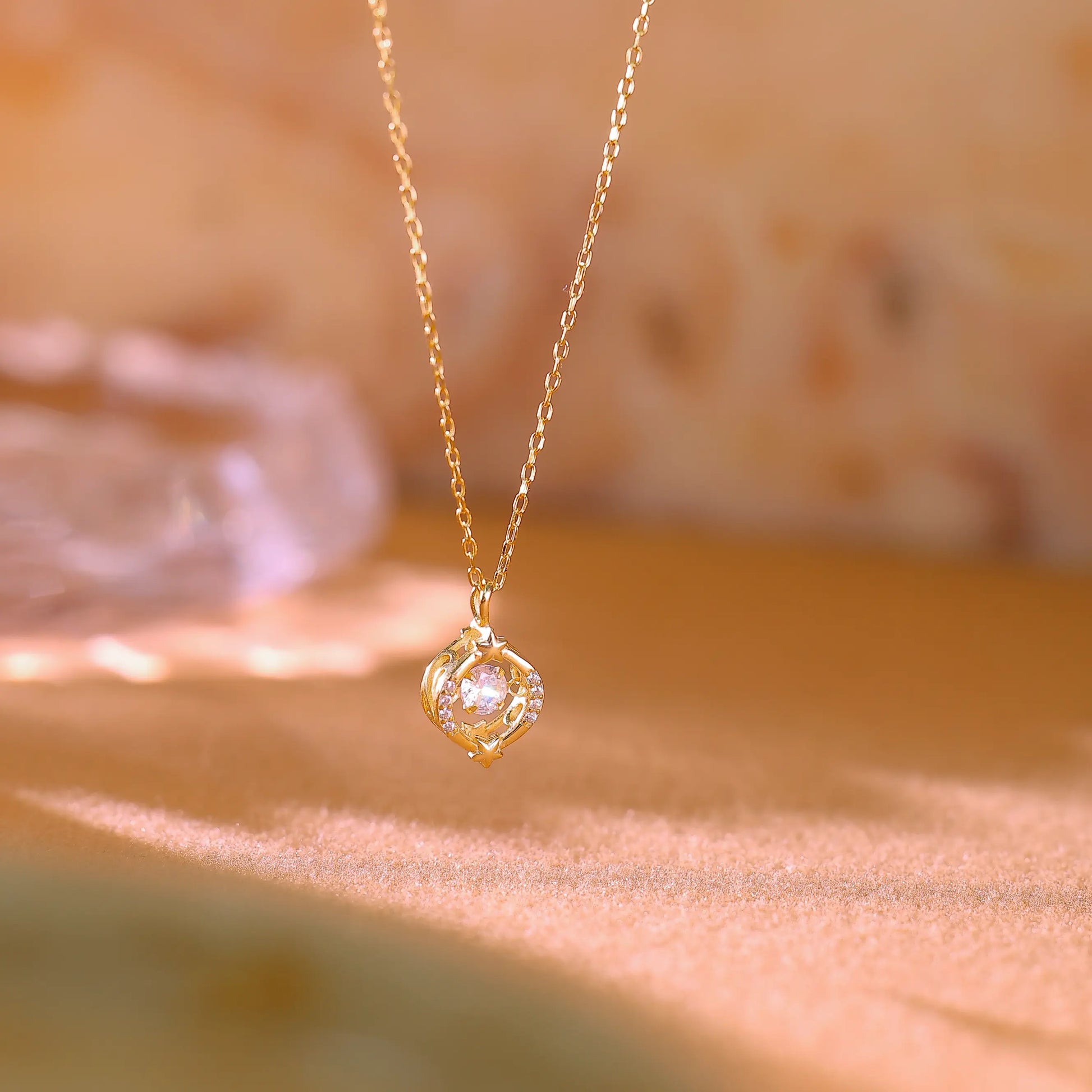 Minimalist 14K gold plated sterling silver necklace with a single floating cubic zirconia stone
