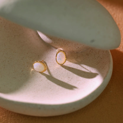 Oval White Opal Stud Earrings – October Birthstone