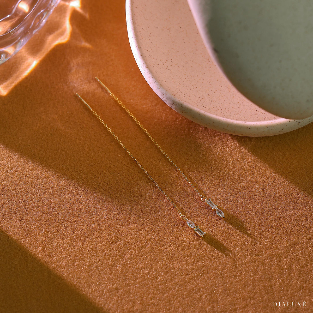 Gold Threader Earrings: Sterling Silver Dangle Chain, CZ Diamond